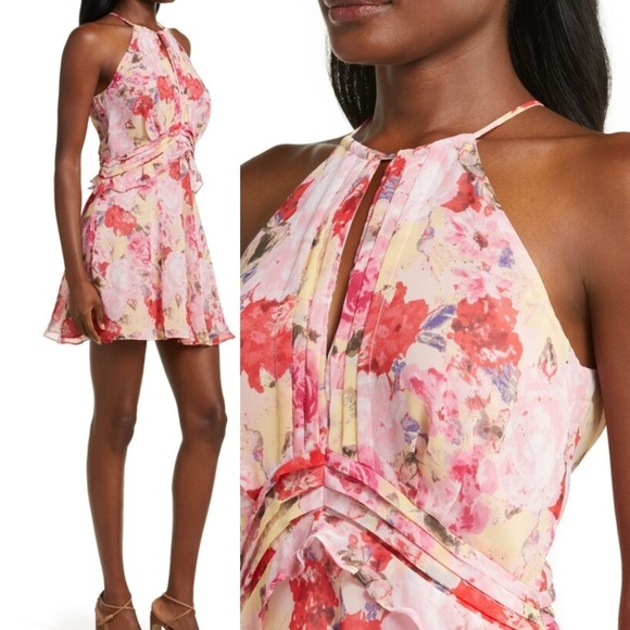 Floret Studios Floral Ruffle Waist A-line Dress in Pink Floral Size Large - Picture 2 of 16